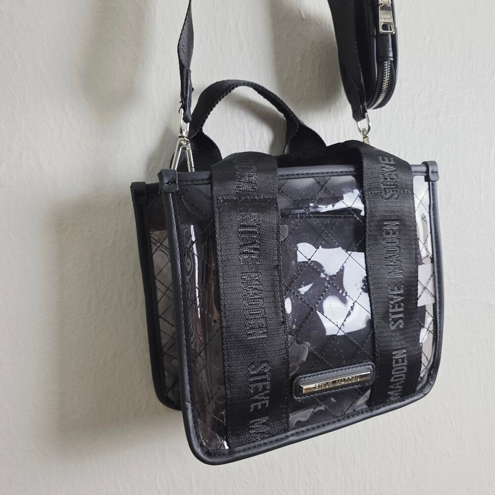 Steve Madden Clear Satchel Tote Bag Crossbody Black Logo Strap NEW - Picture 3 of 11